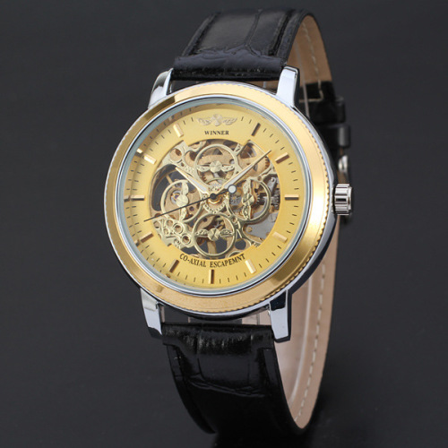 winner golden mechanical watch with applied index riveted dial