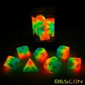 Bescon Fantasy Regenbogen glühend polyedrischen Würfel 7pcs Set Mitternachtssüßigkeit, leuchtende RPG Würfel Set Glow in Dark, Neuheit DND Spiel Würfel