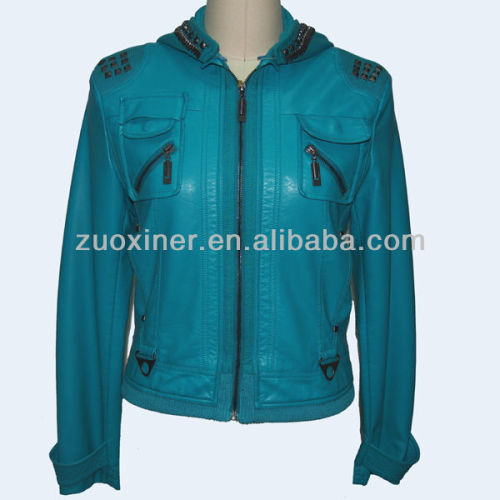 Cheap PU leather jacket with hood , faux leather jacket for women with beads