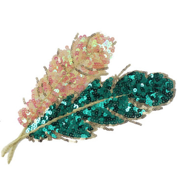 White and Green Sequin Feathers Applique Patch: Shimmering Fashion Accessory