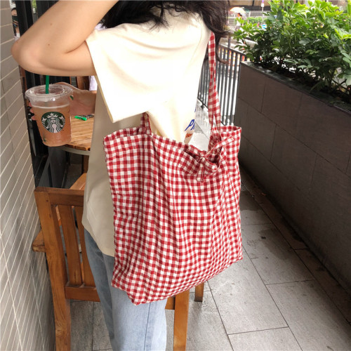 Custom Red Checked Eco Fashion Zipper Canvas Bag