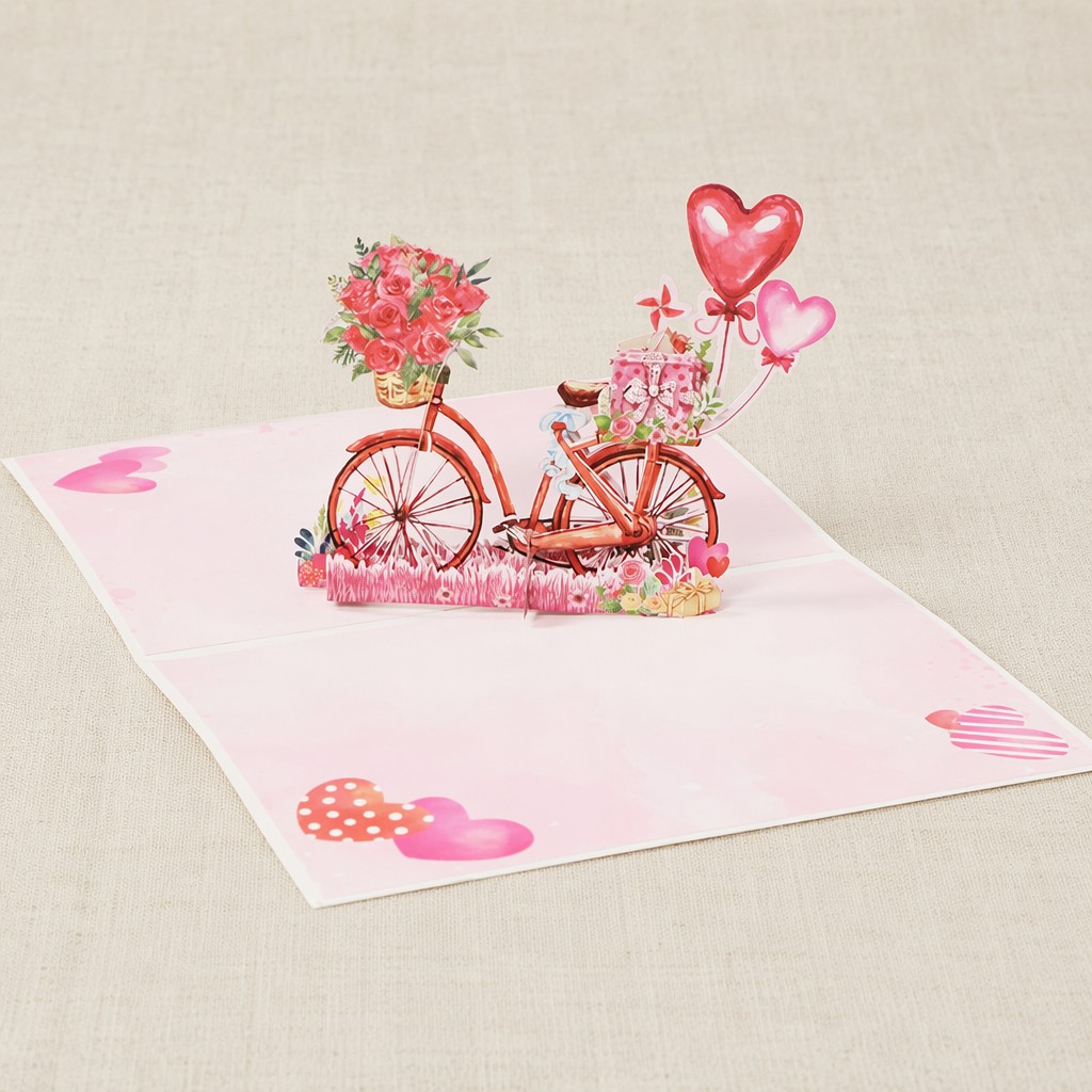 Valentine pink bicycle pop up card