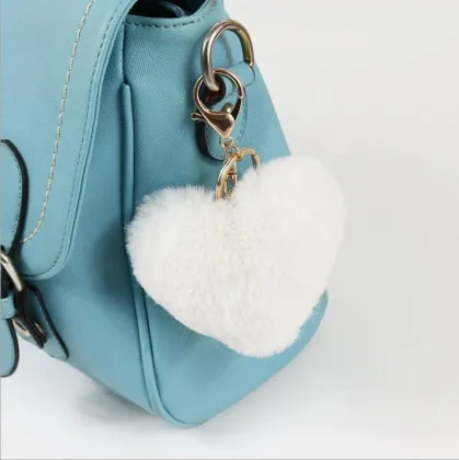 Fluffy Fur Pompom Keychain Soft Solid Color Heart Shape Pompom Faux Rabbit Fur Ball Car Handbag Key Ring Gift Accessories