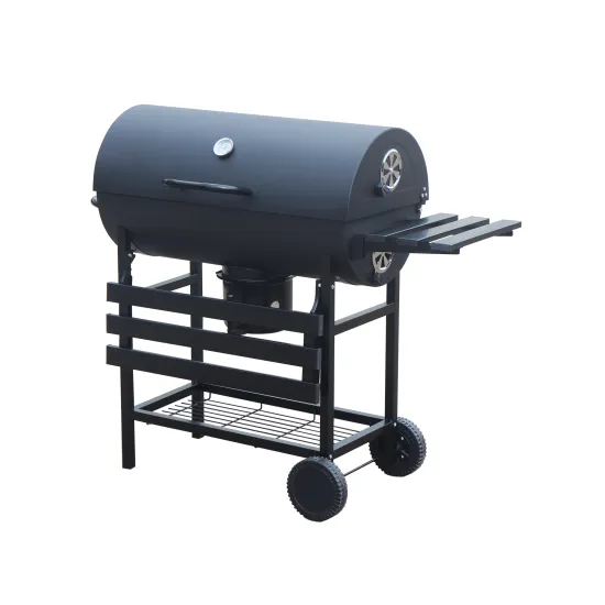 outdoor Barbecue Trolley Smoker Big Oil Drum Bbq Drum Grill With Wooden Table