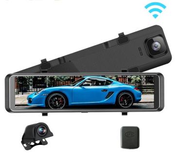 QSF MS29N Mirror Dash Cam: 1440P WiFi GPS Tracking, 12\" Full HD Touchscreen, Dual-Lens Rear View with Night Vision DVR