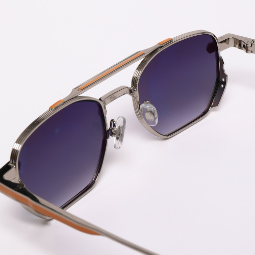 Men Luxury Geometric Double Bridge Metal Sunglasses Nylon Lens