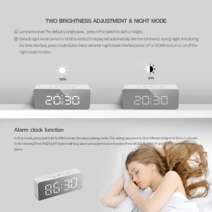 Mirror LED Desk Table Clocks Digital Snooze Clocks Alarm Wake Up Light Electronic Large Time Temperature Display Home Decoration