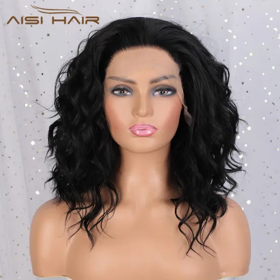 Aisi Hair Top Quality 16 Inch Curly Wave Black Wig Long Wavy Swiss Lace Wig Synthetic Lace Front Hair Wigs For Black Women