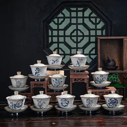 Chinese Traditional Gaiwan with Kung Fu Tea Set: Porcelain Bowl and Tea Cup