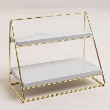 Multipurpose 2-Tier Marble Shelf Display Table with Gold Metal: Perfect for Cosmetic Display, Catering, Hotels, and Restaurants