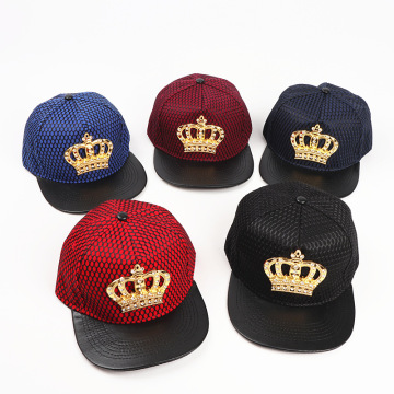 Men's High-Quality 6 Panel Metal Crown Snapback Hats with Flat Brim