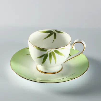 Oriental Green Bamboo Decal Porcelain Coffee & Tea Cup Set - 15pcs Dinnerware