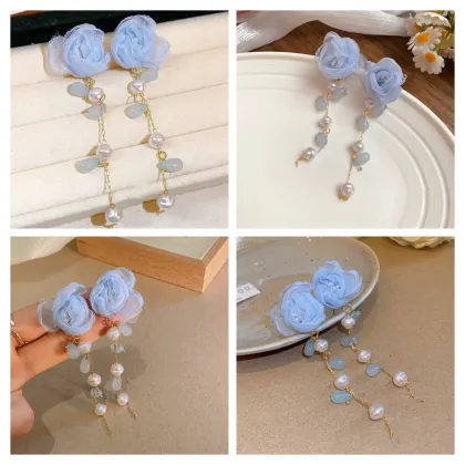 Jiansha Flower Tassel Earrings Long Fabric Pearl Earrings