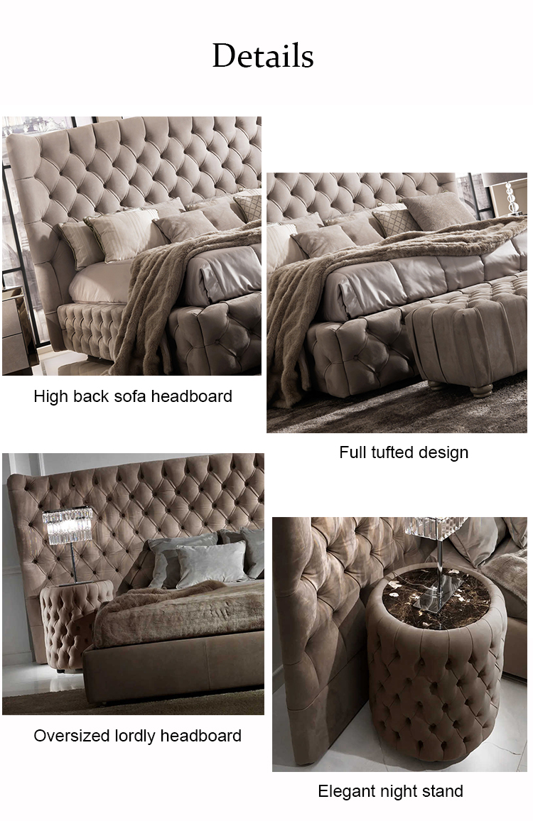 Tufted tela upholstered italy luxury bed design furniture silid -tulugan set king size bed frame