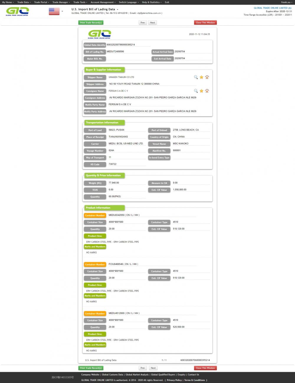 Paip Keluli USA Import Sample Data