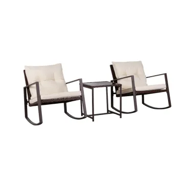 3 Piece Wicker Bistro Set with Rocking Chair and Garden Sofa Chair Cushions