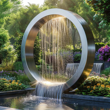 Cortina de água com escultura em aço inoxidável LED