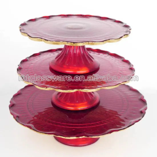 red embossed 3 tiers glass cake serving plate wholesale