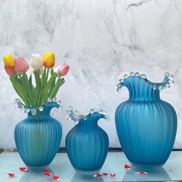 Art Deco Simple Wave Frosted Blue Striped Glass Vase: A Stylish Home Decoration Option for Tables, Floors, or Walls