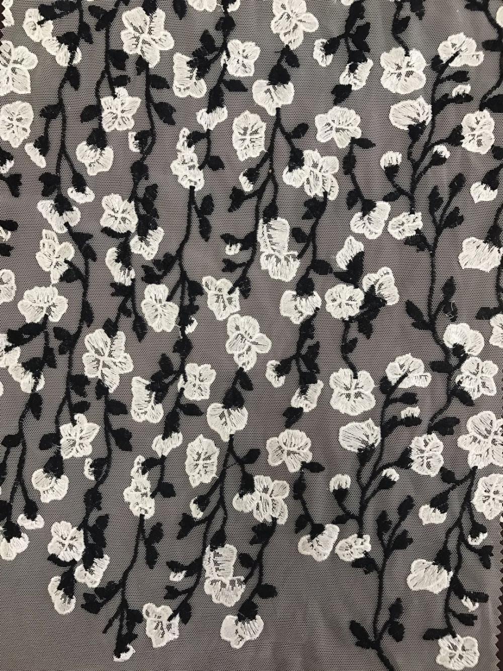 White flowers and black branches Mesh Embroider Fabric