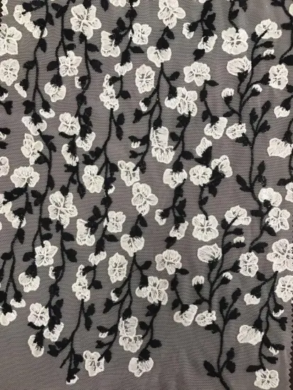 White Flowers And Black Branches Mesh Embroider Fabric