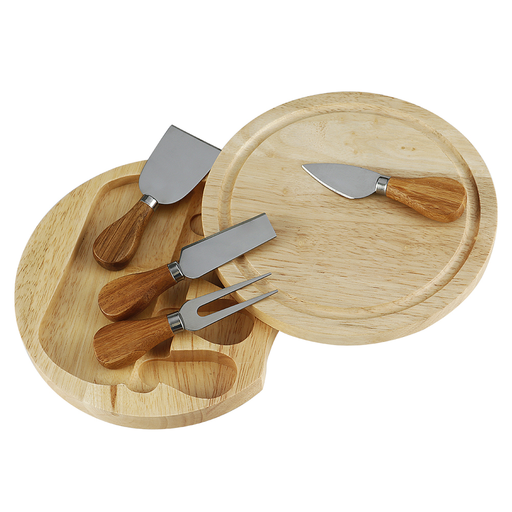 RUBBER WOOD CHEESE BOARD AND KNIFE SET