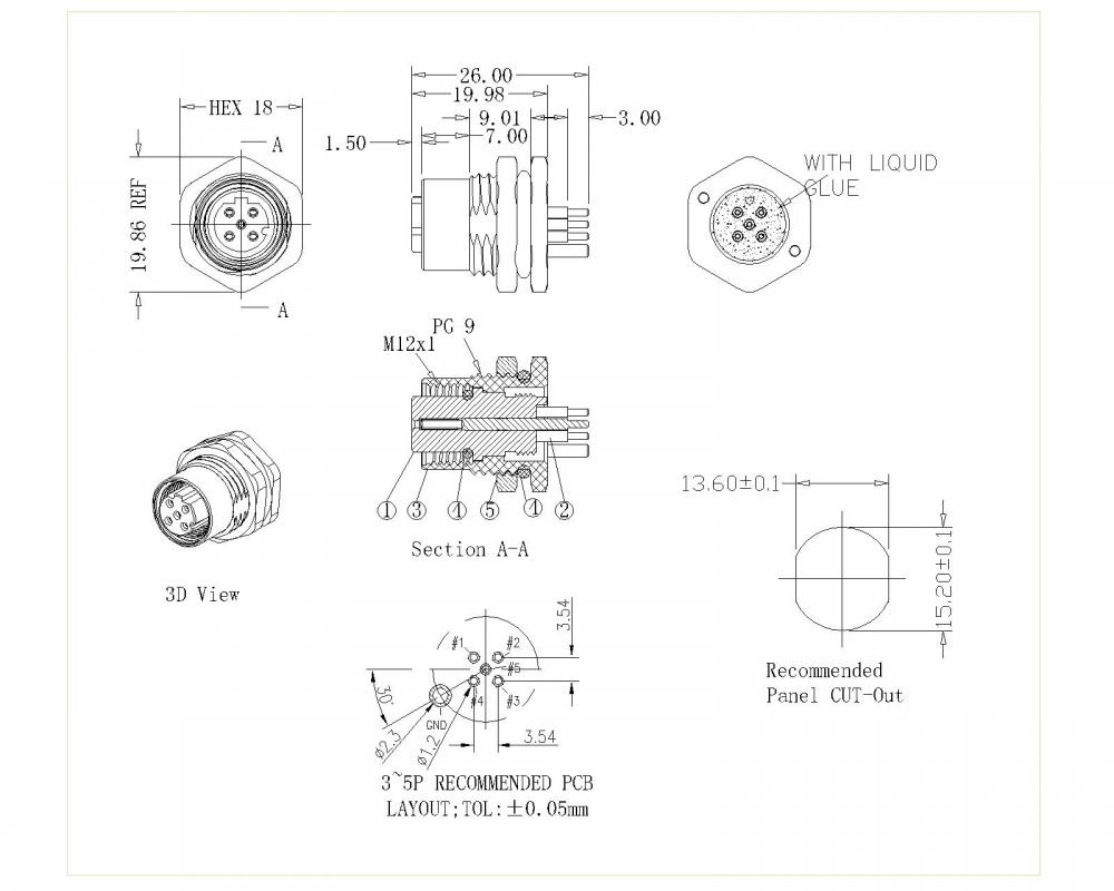 M12 3-5p Front Female Front PG9 D-codice schermato