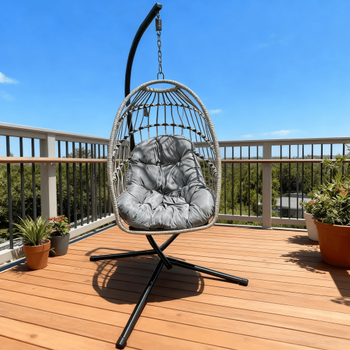 Silla tipo huevo colgante para exteriores con cojín gris