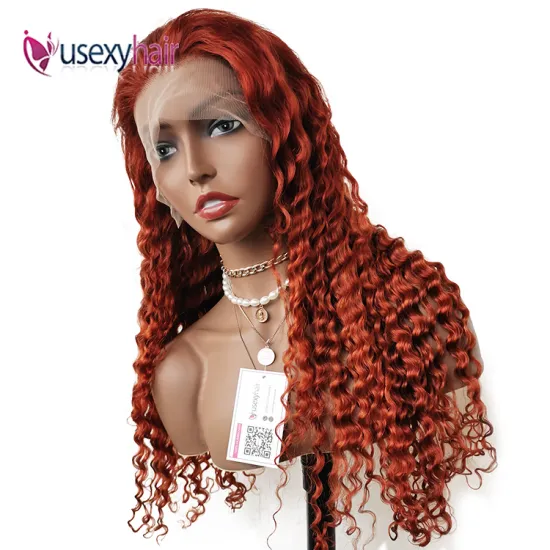 Wholesale Colored Deep Wave Virgin Brazilian Hair Wigs Human Hair Lace Front Burnt Orange Wig Transparent HD Lace Frontal Wig