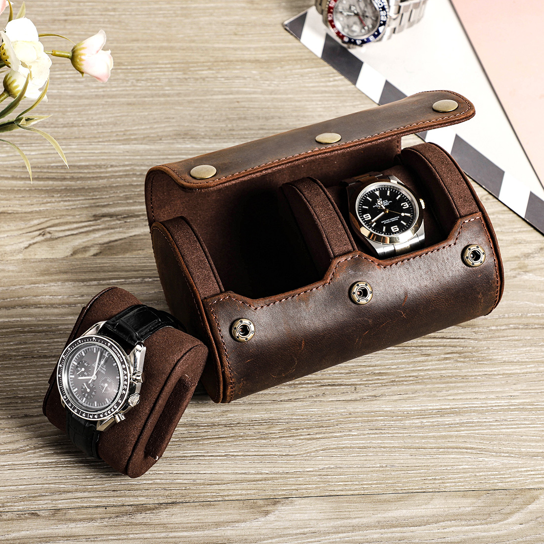 Small Watch Leather Roll Travel Case Storage Box
