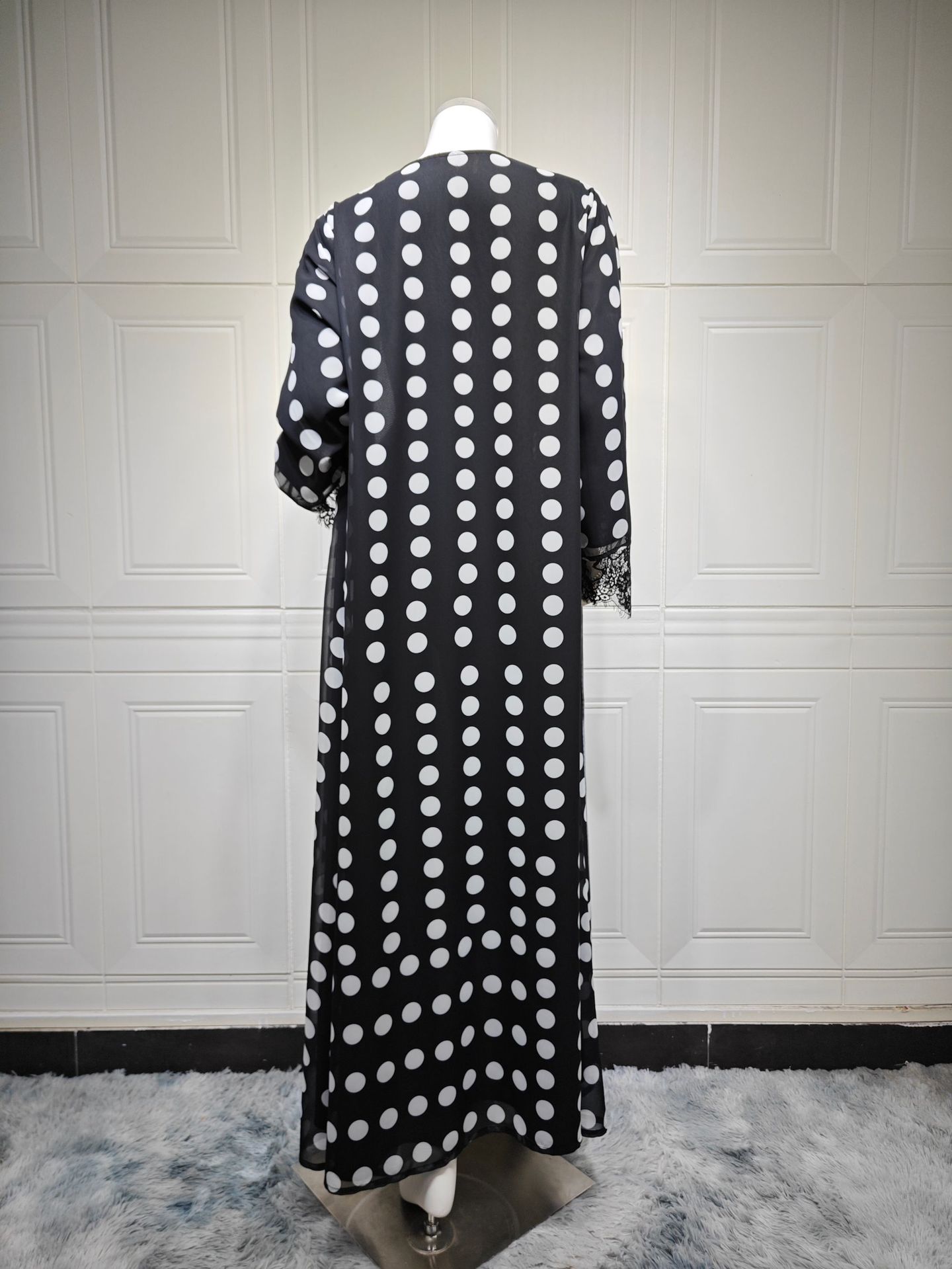 Polka Dot Print Chiffon Open Abaya Set MQ273 (8)