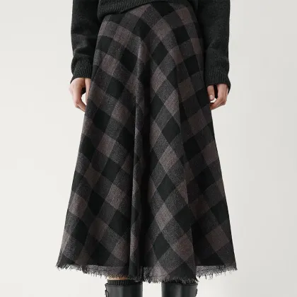 Women's French-style mature-casual full-wool checkered tweed midi skirt