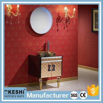 2016 special style bathroom cabinet with LED mirror and golden basin
