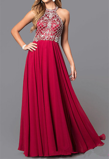 Red Chiffon Long Dress with Sequin Top