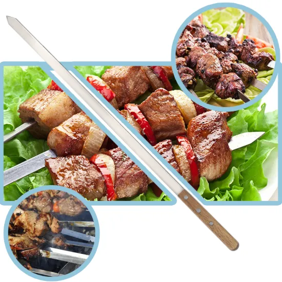 Professional BBQ Stainless Steel Kebab Skewers with Wooden Handles for Meat and Burgers