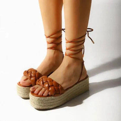 Large Hemp Woven Thick Soled Sandals - New Summer Style Lace Up Flat Sandals for Women
