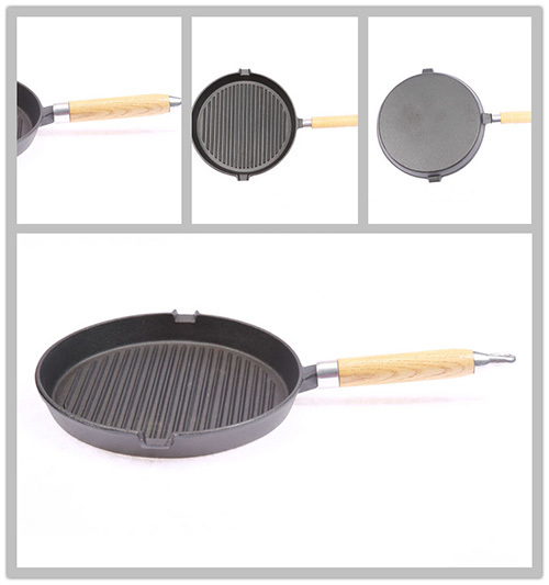 Round Cast-iron Skillet Pan with Wooden Handle