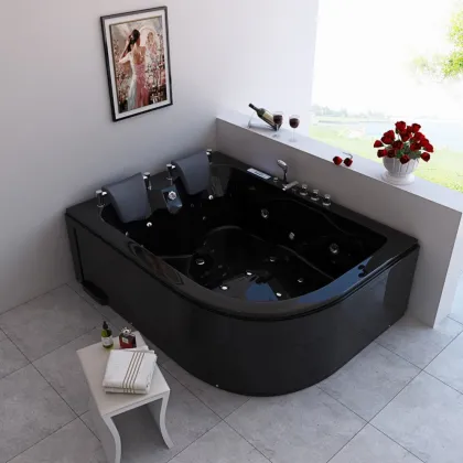 Modern Black Acrylic Freestanding Bubble Massage Spa Bathtub with Pillows