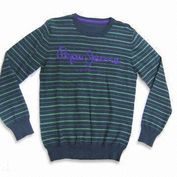 Long Sleeved Men's Striped Sweater, Made of 80% Cotton and 20% Polyester