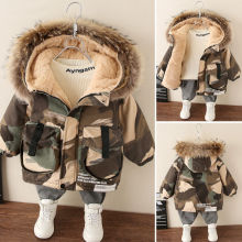 Winter Boys Coat Baby Fur Collar Hooded Cotton Plus Velvet Thicken Warm Camouflage Jacket For Children's Outwear Kids Clothes