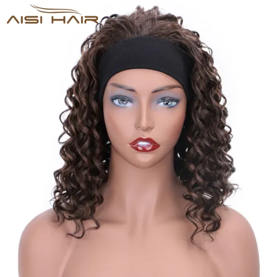 Aisi Hair Curly 14 Inch Short Wavy Brown Wig Synthetic Hair With Headband Machine Made Wig Water Wave Hair Wigs For Black Women
