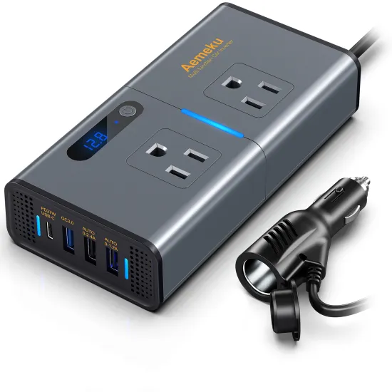 200W Car Power Inverter with 6 USB Outlets, Cup Holder & 3.1A Dual Smart Quick Charge