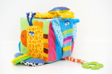 Activity cube toy with rattle squeaker mirror and teether
