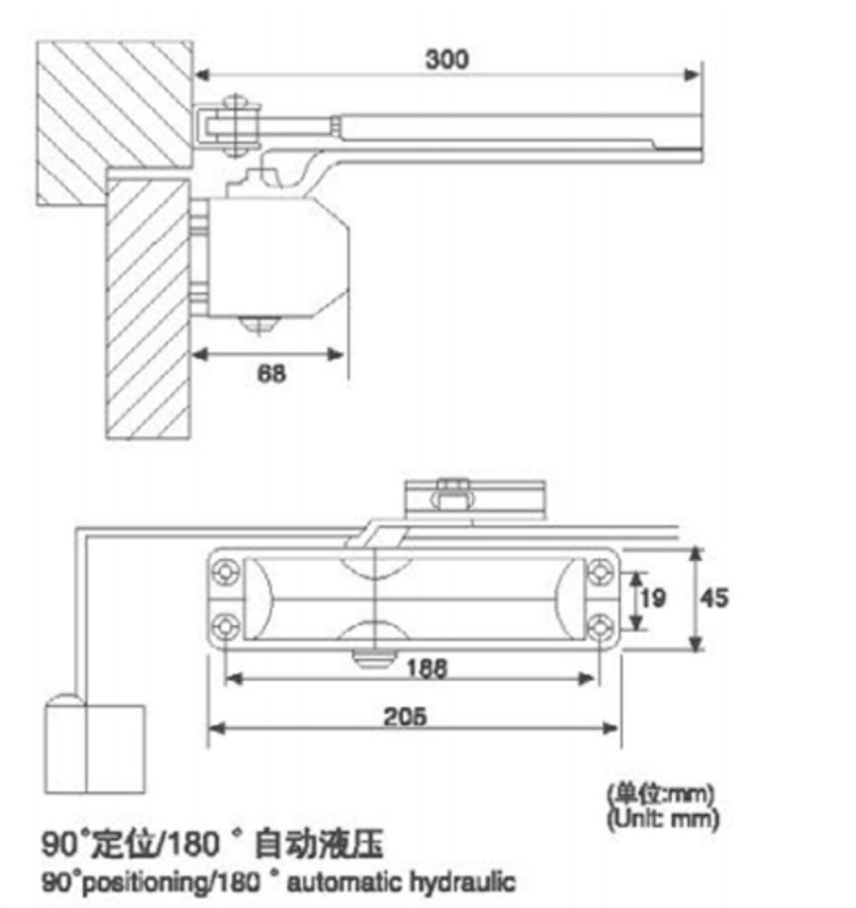 Door closer dimensional drawing and mounting layout