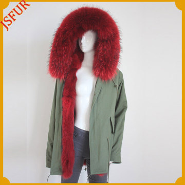 Red Fox LIned Raccoon Collar Winter Jacket Green Parka For Women