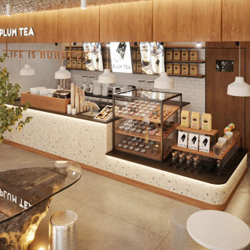 Modern Milk Tea Shop Kiosk Interior Design with Customized Operation Bar and Wooden Decorations