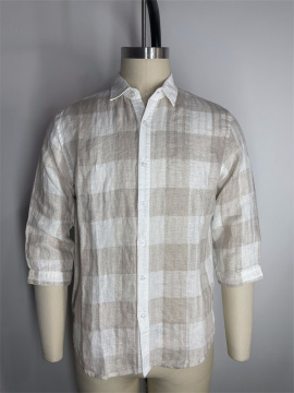 55% Linen 45% Cotton Plaid Medium Sleeved Shirt
