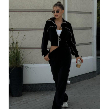 Autumn Winter Chic Hooded Zipper 2 Piece Suit Set for Women