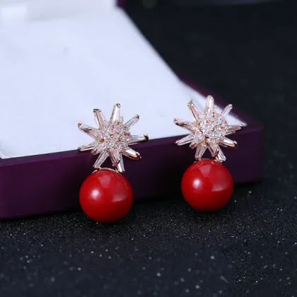 Crystal Zircon Pearl Earrings Stud Snowflake Shape Earring