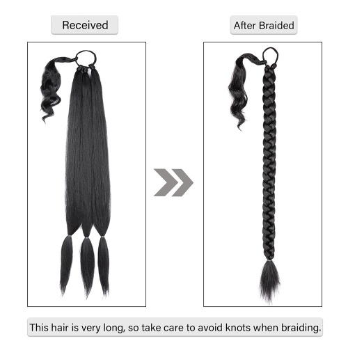 Alileasder 36inch Straight Synthetic Braided Ponytail Extension Black Pony Tail With Hair Tie